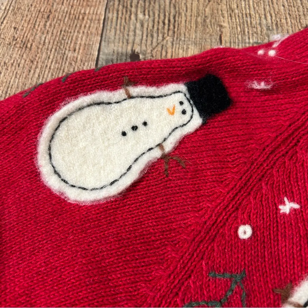 Susan Bristol Vintage Snowman Cardigan Sweater PL Red Embroidered Appliqué Large - Image 4
