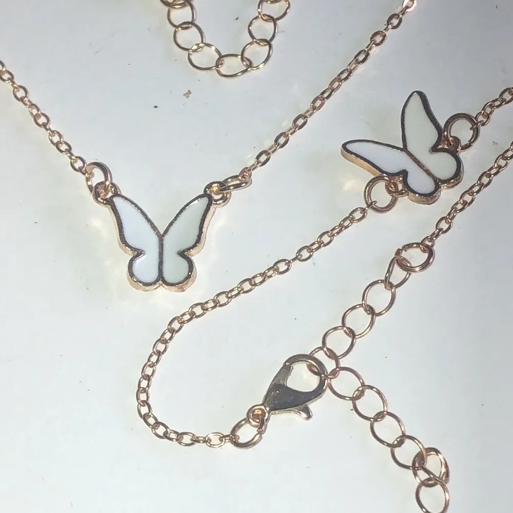 Gold Tone & Off White Enamel Boho Butterfly Adjustable Necklace Bracelet Ring - Image 3