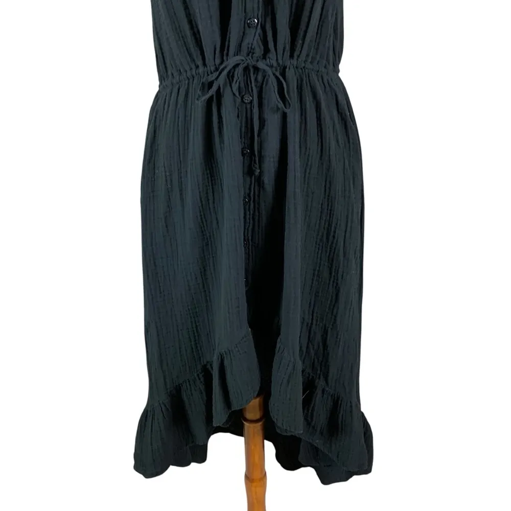 Stark X Black Button Front Ruffle Midi Dress Drawstring Waist Cotton Medium - Image 3