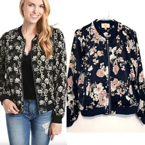 SKIES ARE BLUE STITCH FIX ANTHROPOLOGIE Flower Printed Bomber Jacket Navy Floral - Image 2