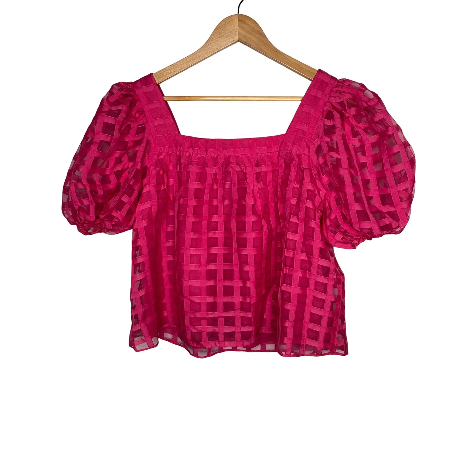 English Factory Hot Pink Fuchsia Windowpane Puff Sleeve Top Women Size‎ Large - Image 5