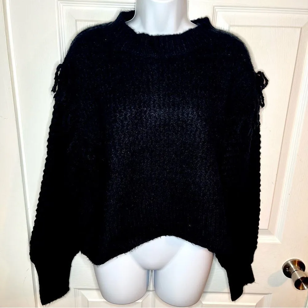 Treasure & Bond Balloon Sleeve Mixed Stitch Fringe Sweater Crew Black S NWT - Image 5