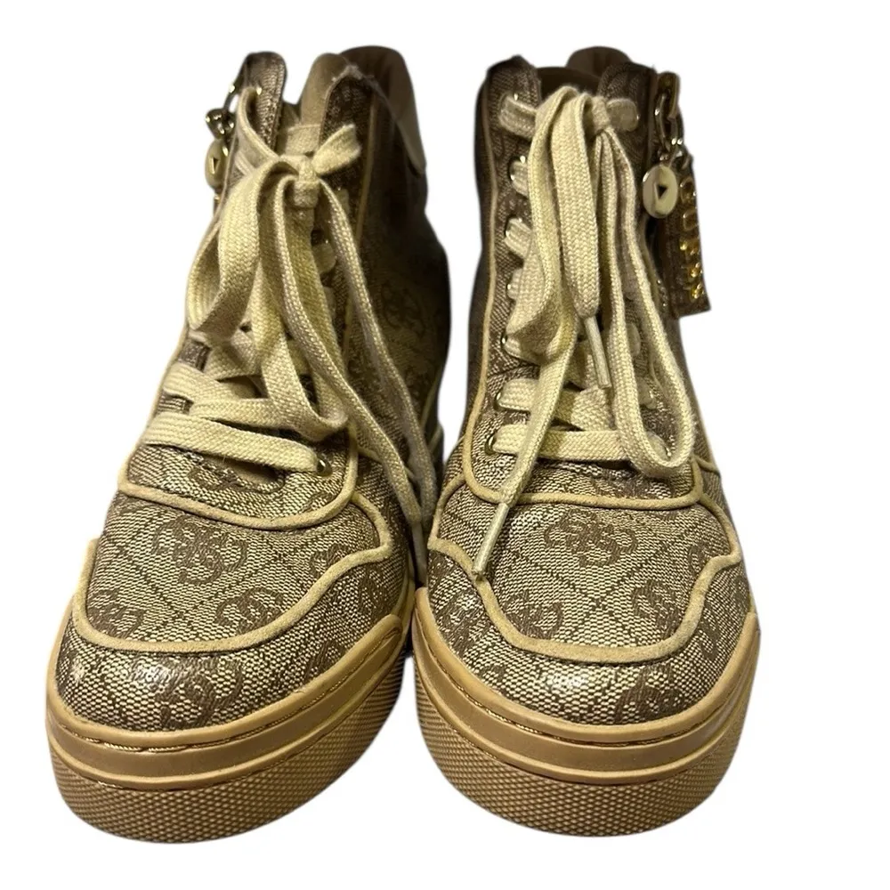 Guess Fiora Wedge Sneaker Lace and Zip Up Brown Cream Gold Shoes Womens 5 M - Image 6