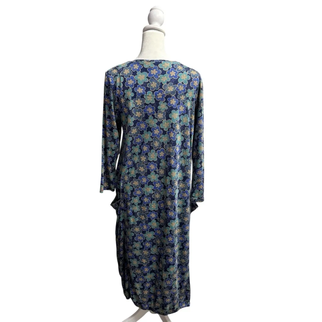 Gudrun Sjoden 3/4 Sleeve Floral Round Neck Pockets Midi Dress Blue Small S - Image 3