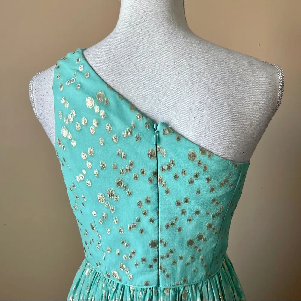 SHOSHANNA | Silk Blend Teal/Metallic Gold Rayna One-Shoulder Cocktail Dress Sz 4 - Image 7