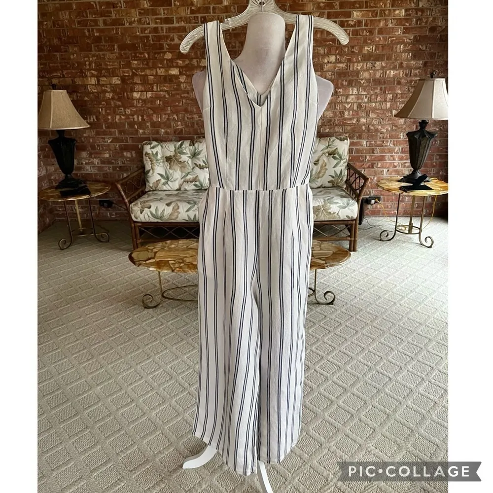 A New Day Jumpsuit Stripe Wide Leg White Cropped Linen Blend S Sleeveless Belted - Image 15