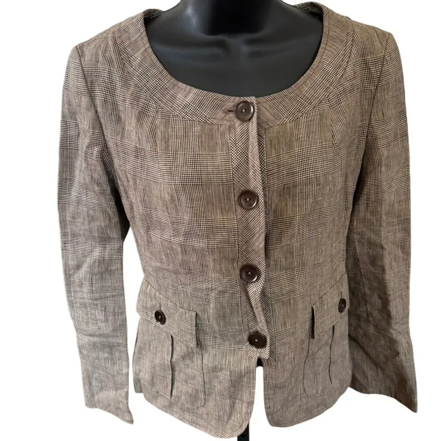 Vintage 90s MaxMara 100% Linen Blazer Sz 2 Made in Italy Brown Check Old Money - Image 2