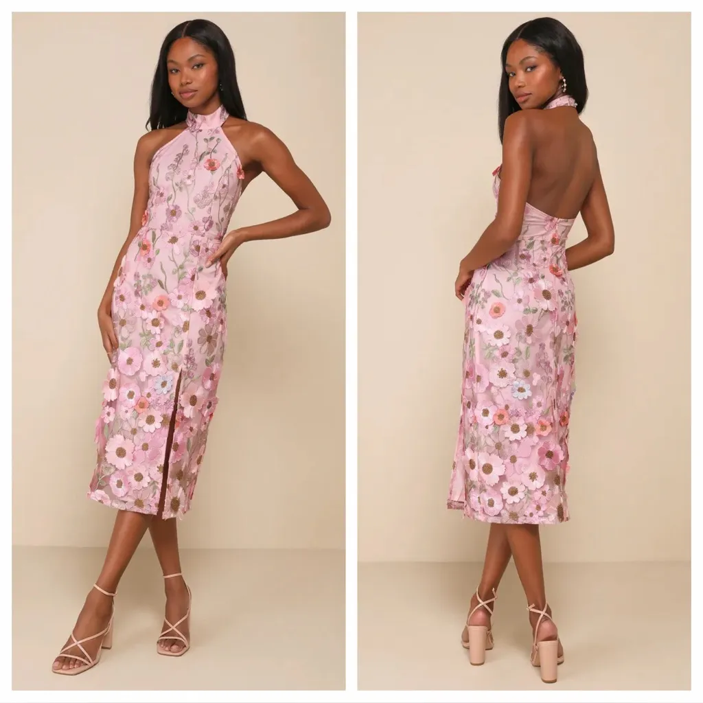 Lulus Unique Impression Pink 3D Floral Embroidered Halter
Midi Dress - Image 2
