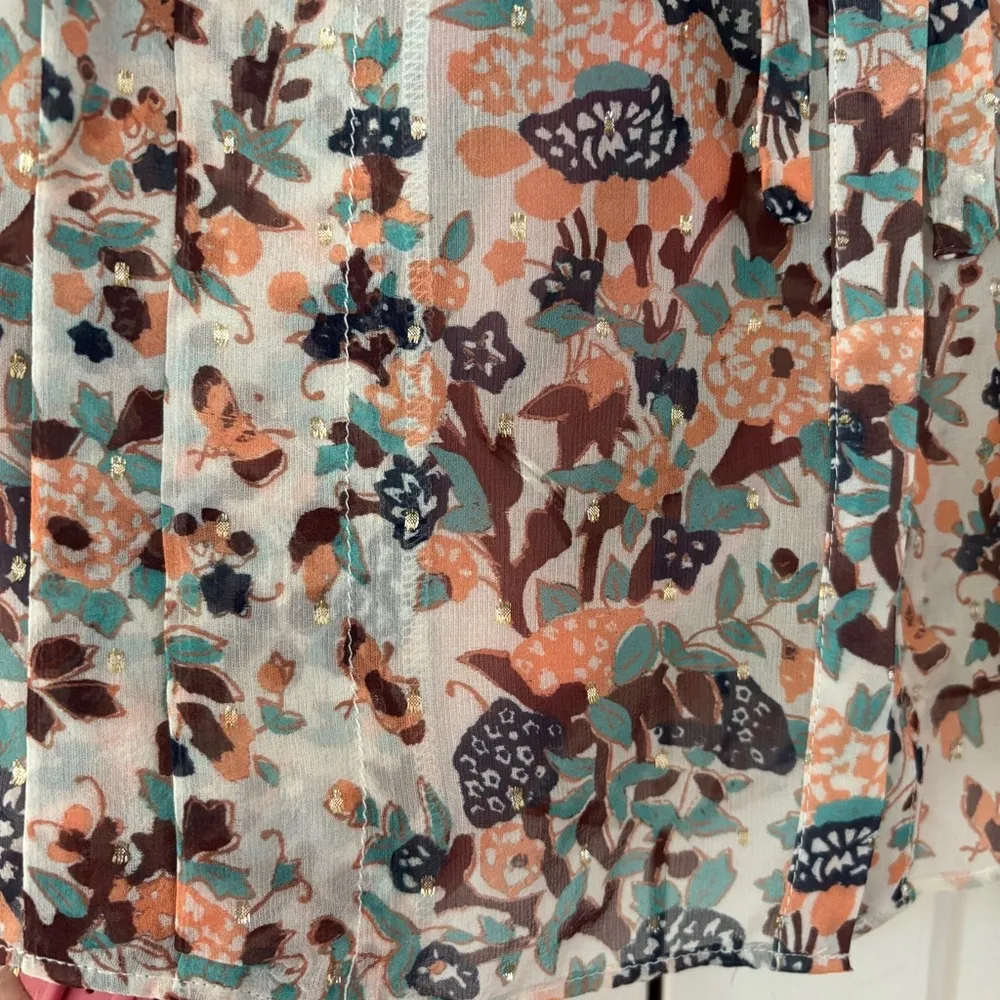 ULLA JOHNSON Edith Blouse Gardenia Floral Metallic Silk Button Front Bow Size 6 - Image 9