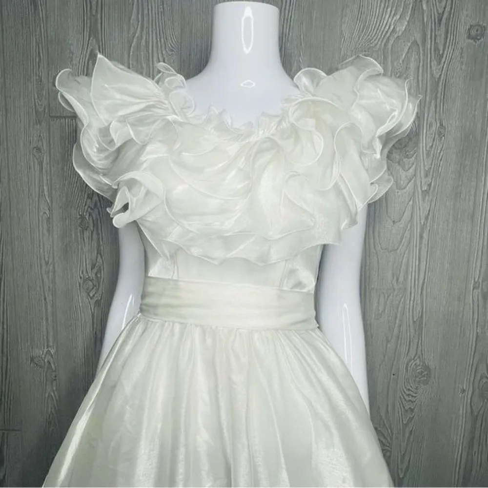Vintage 80s bonny fashion best quality chiffon tulle ruffle dress with bow detai White Size 8 - Image 6