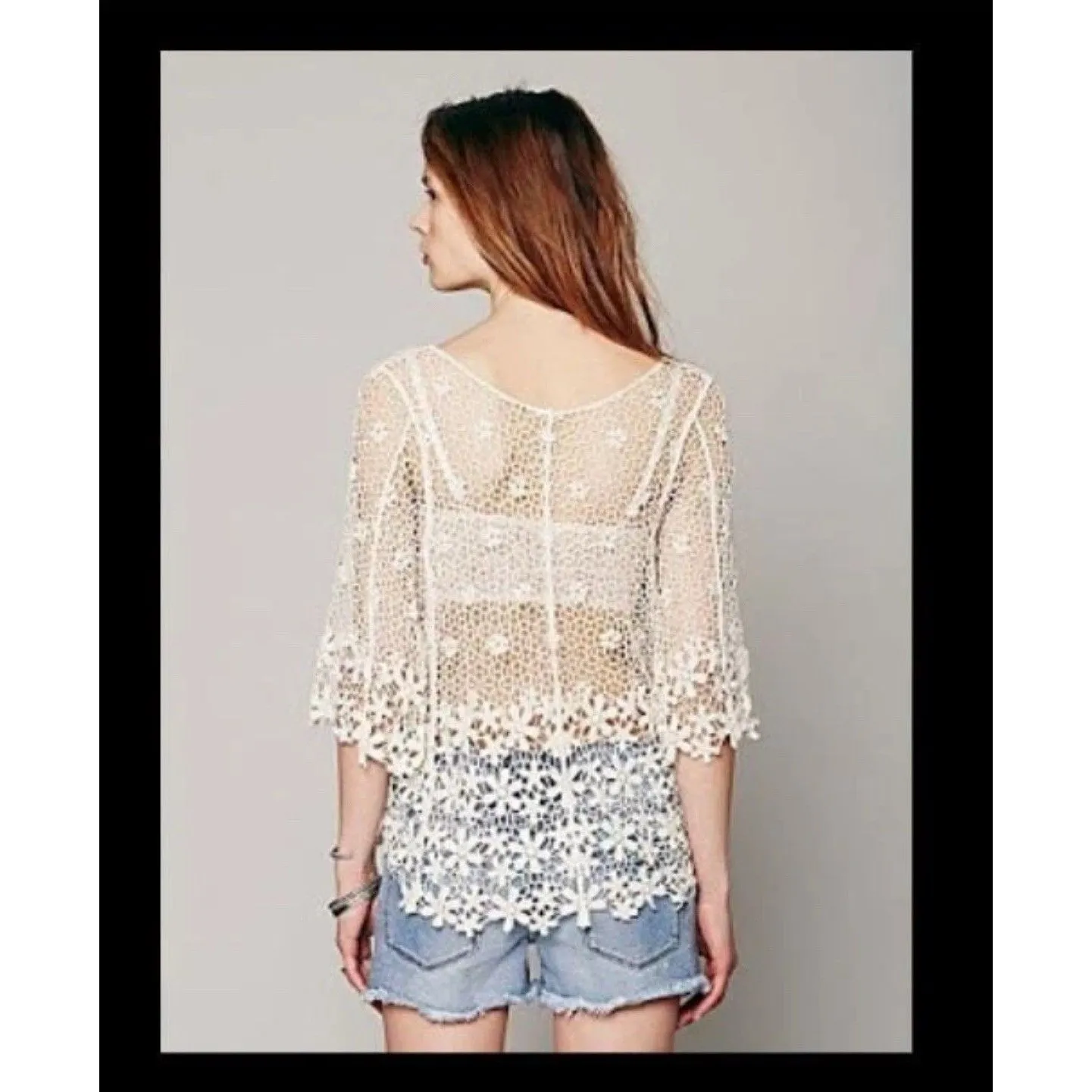Flower Crochet Top Womens OSFM Ivory 3/4 Sleeve Boho Festival Fairy Beachy Party Size undefined - Image 3