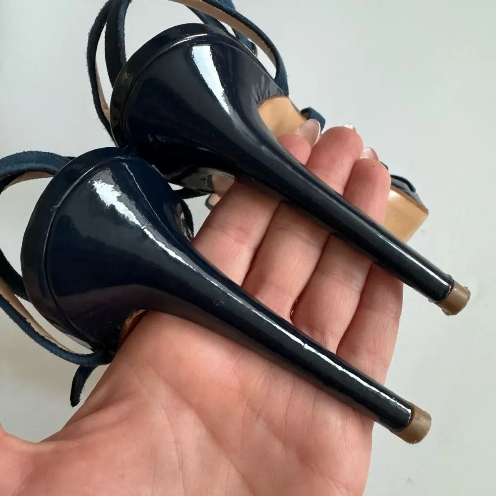 Bacta Dei Toi Made In Italy Mixed Leather 4.5” Heel Navy Sandals Size 37 6.5 Blue - Image 6