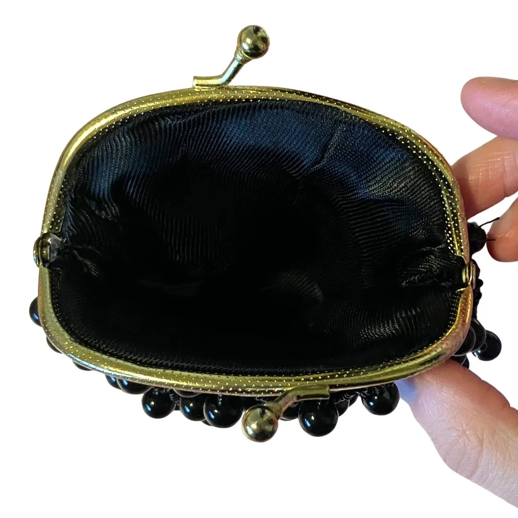 Vintage 60s Black Beaded Coin Purse Handmade Hong Kong Evening Bag Retro Mod MCM - Image 5