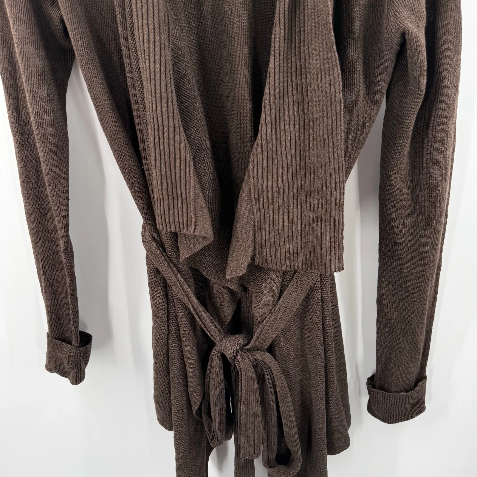Lafayette 148 Cardigan Size Petite 100% Linen Chocolate Brown Tie Waist Knit - Image 6