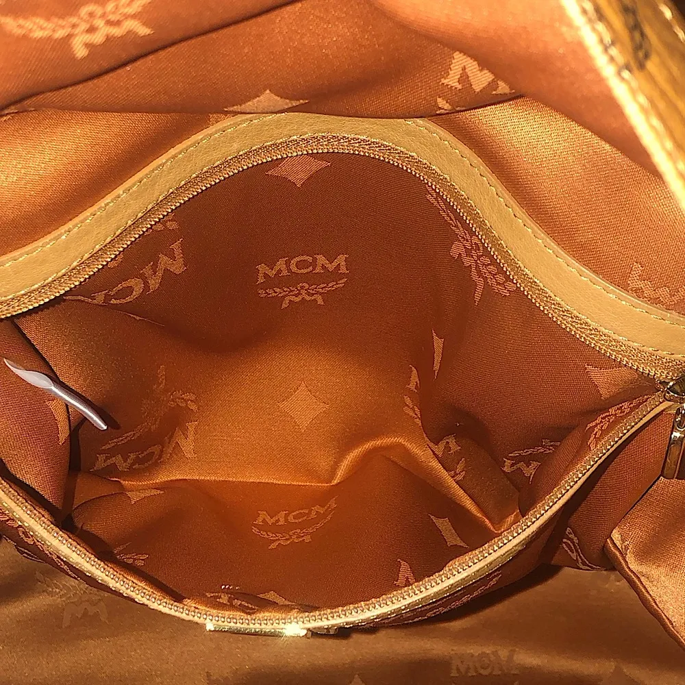 MCM Cognac Visetos Logo Metallic Embellished Full Size Unisex Backpack Book Bag - Image 12