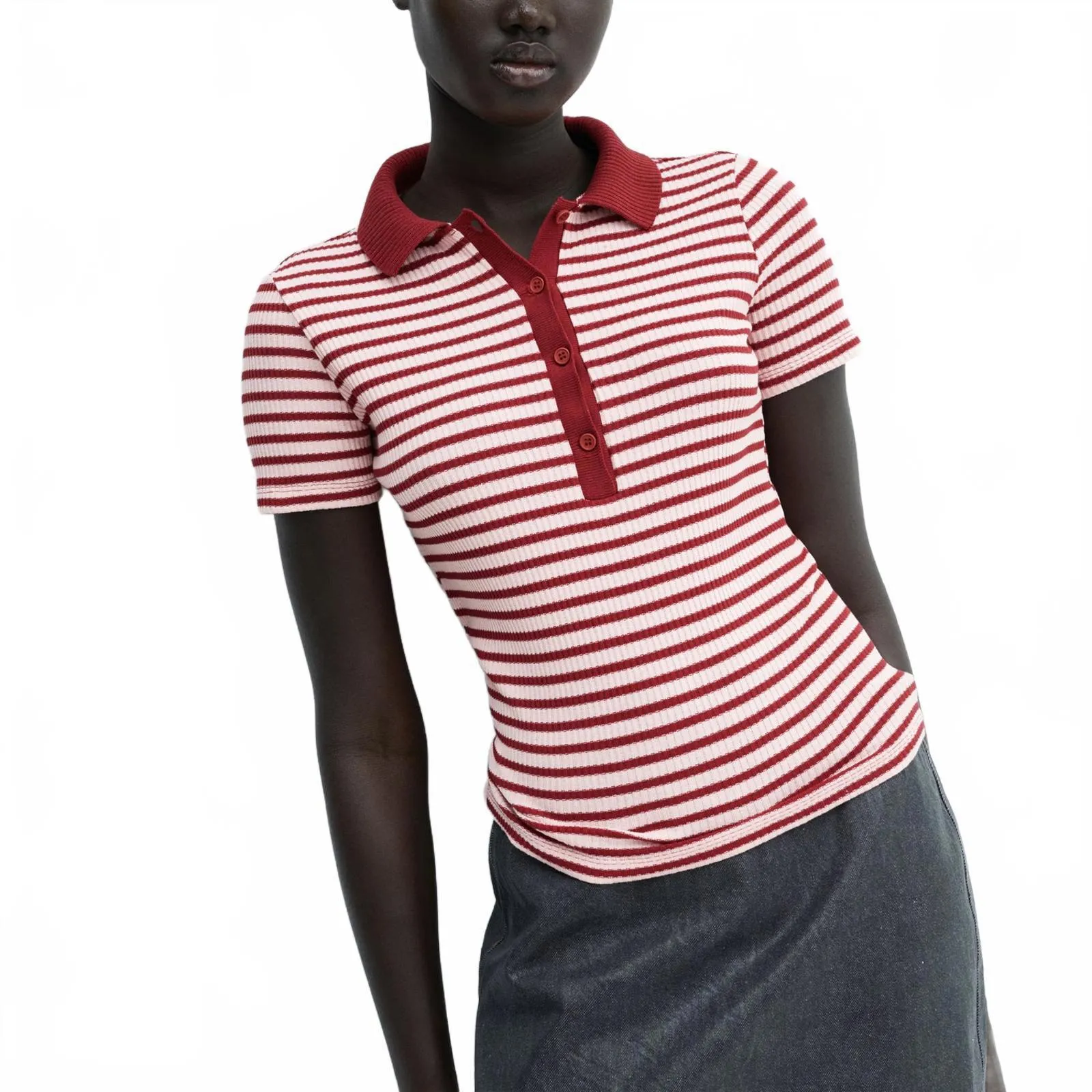 Mango Cotton Blend Short-Sleeved Striped Polo Shirt Red Pink Stripes NWT Small - Image 5