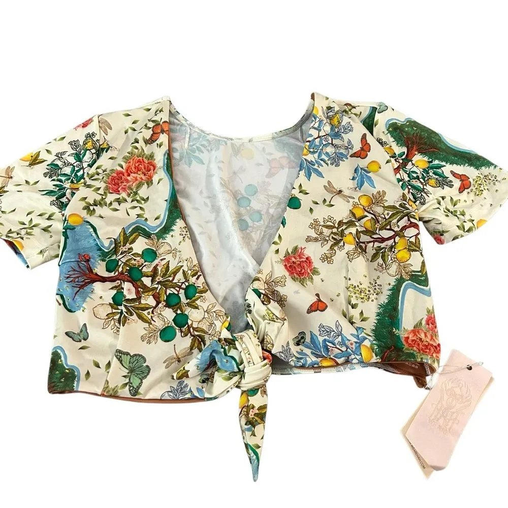 We Are HAH Womens M Tie Reversible Crop Top Lemon Floral Butterfly Mediterranean Yellow Size M - Image 2