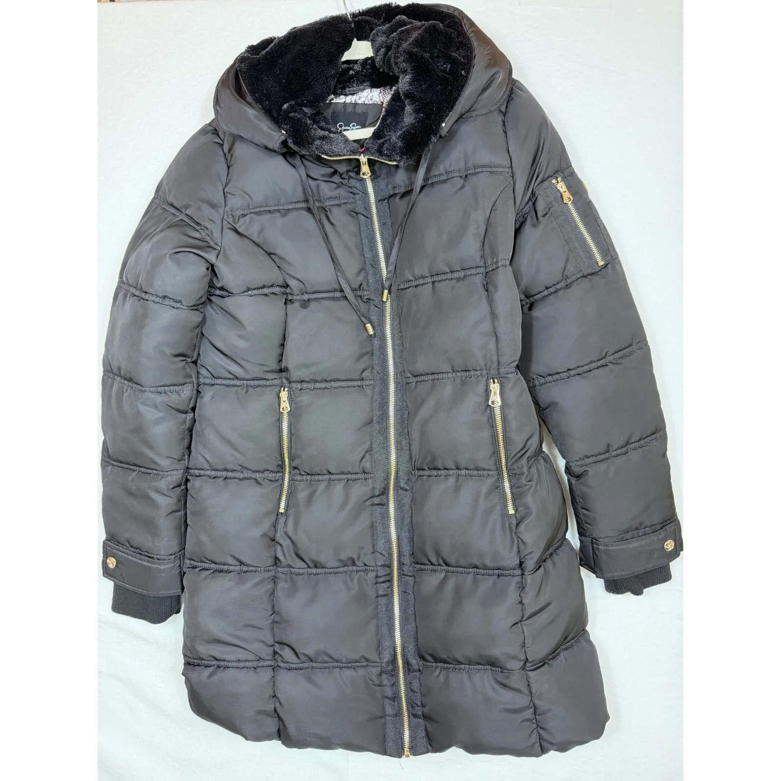 Jessica Simpson Puffer Coat Hooded Faux Fur Trim Black Gold Zip Women's M - Image 8