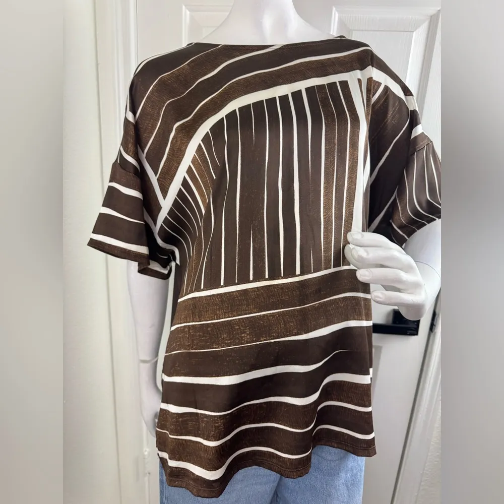 Chicos Size 2 Brown Siped Blouse Short Sleeve Blend Polyester. A50 - Image 2
