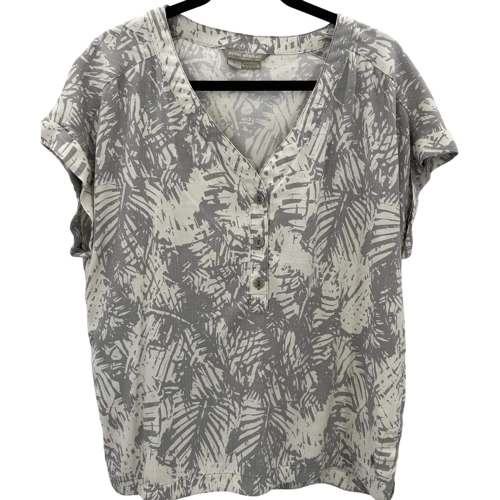ROYAL ROBBINS Women's Gray Bergen Tropical Print VNeck Button Front Shirt Size L - Image 2