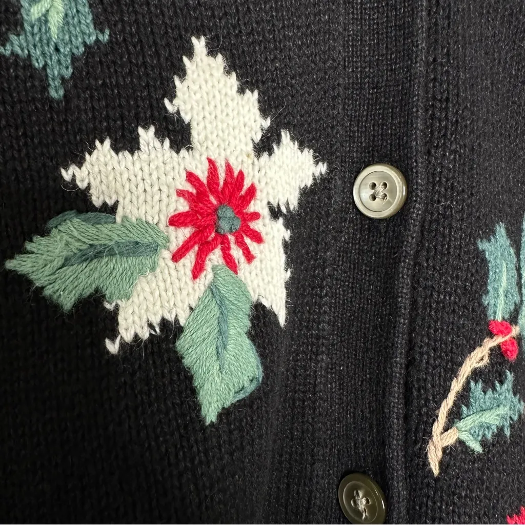 Vintage Classic Elements Winter Christmas Black Knit Cardigan Sz M Poinsettia - Image 4