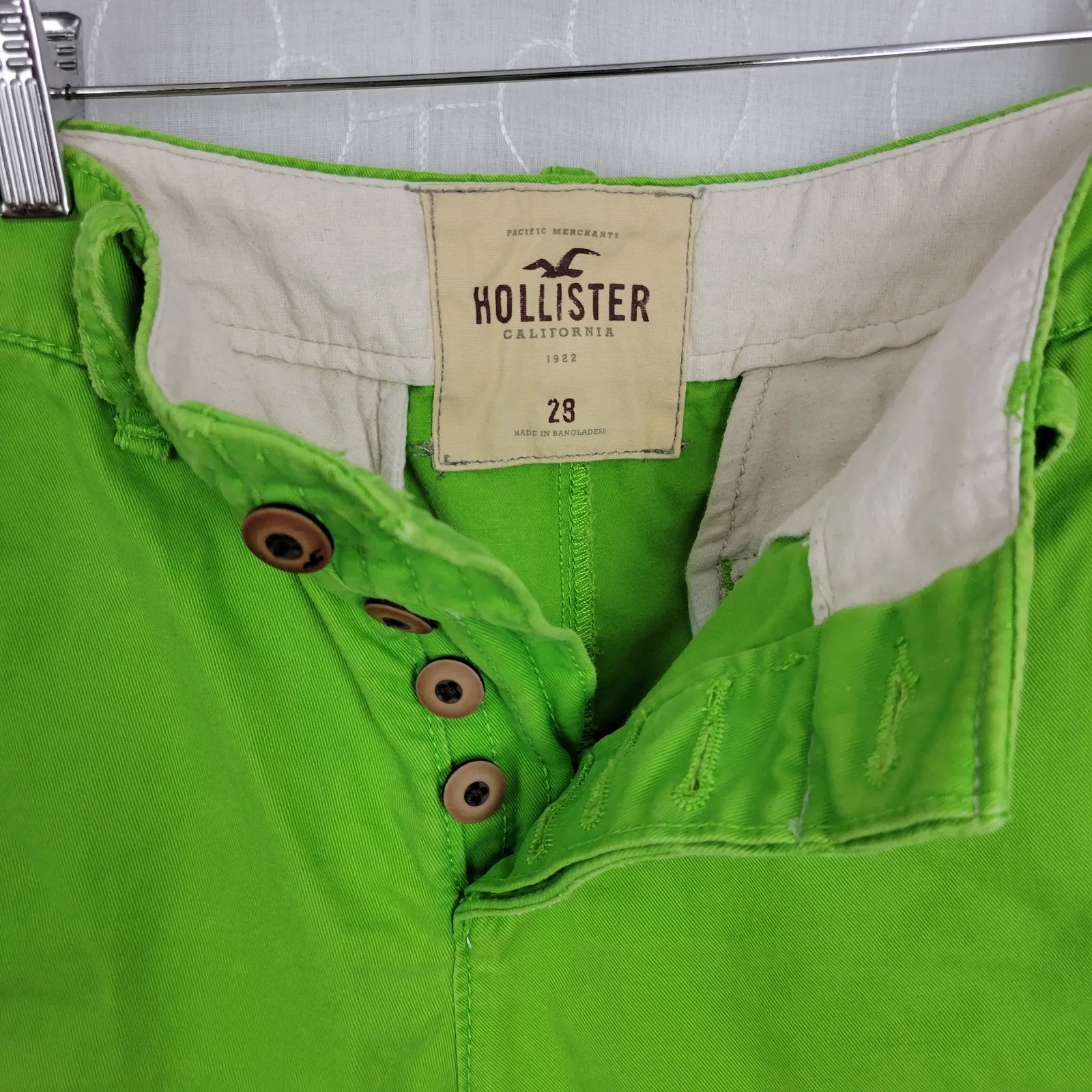VTG‎ Hollister Shorts Mens 28 Lime Green Button Fly Flat Front 7" Inseam - Image 3