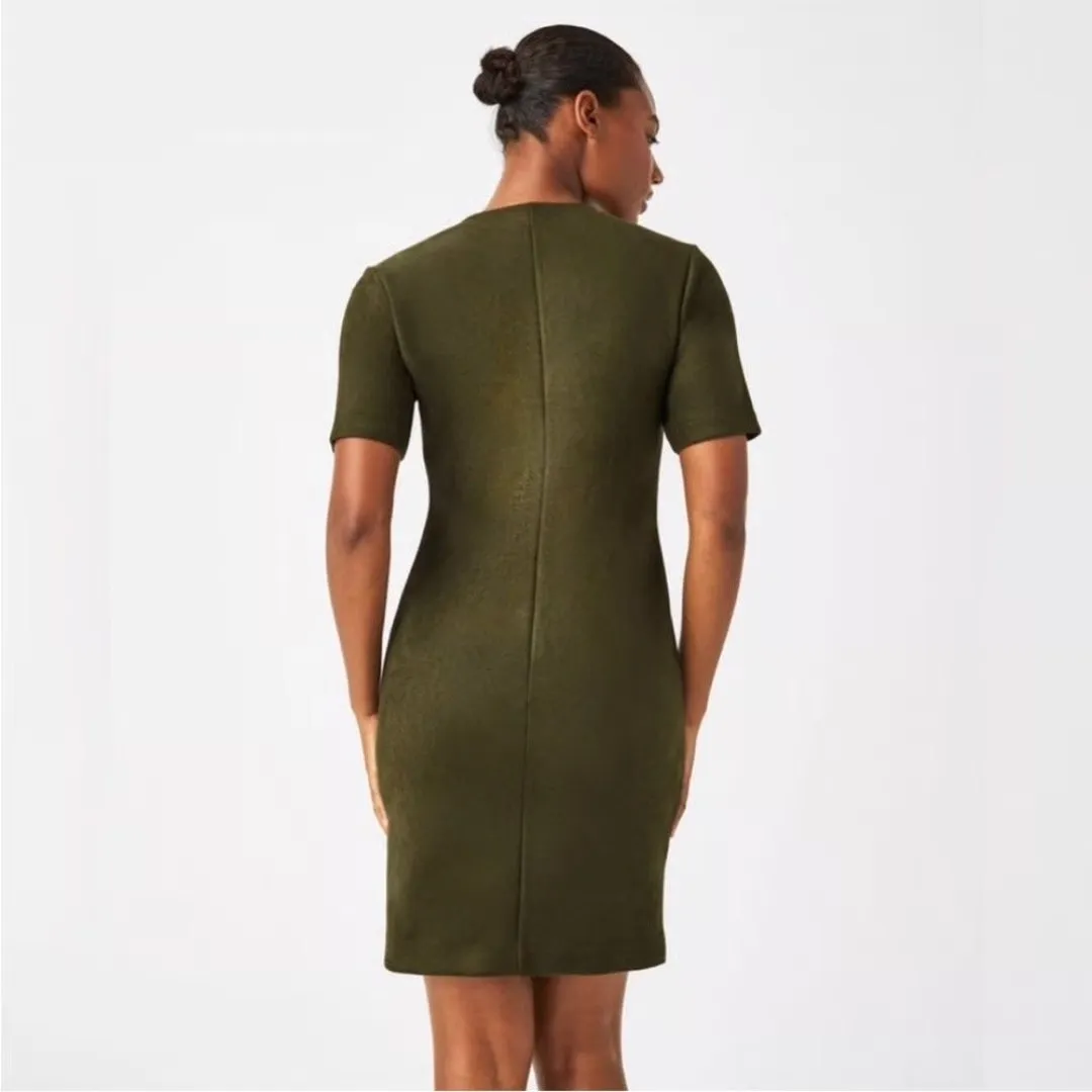 SPANX Olive Green Faux Suede V Neckline Short Sleeve Column Mini Dress SMALL - Image 4