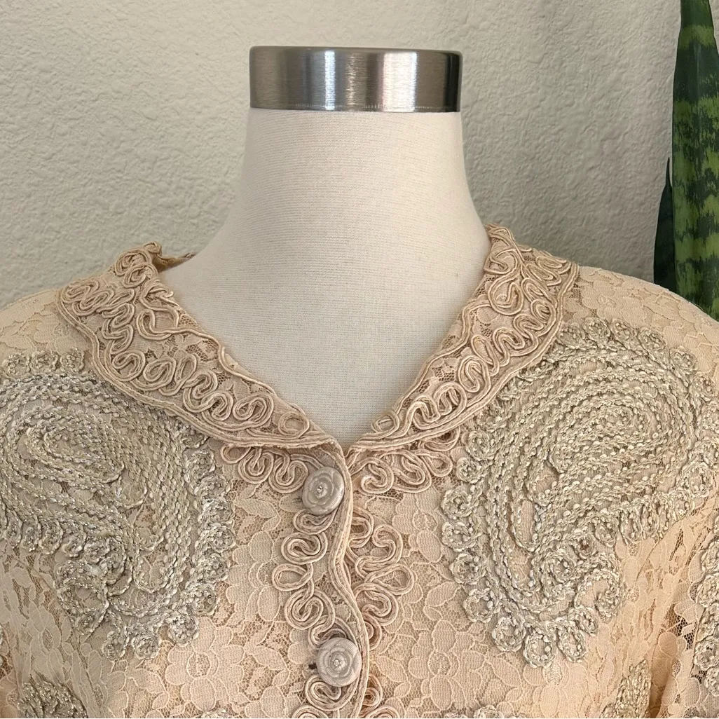 Vintage Modelia New York Metallic Lace‎ Embroidered Top – XXL Elegant Blouse Silver - Image 7