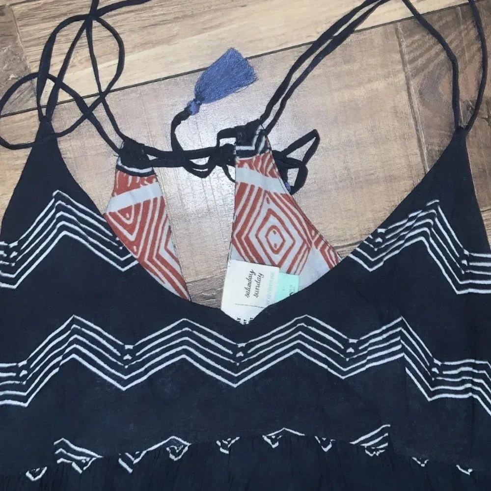 Anthropologie printed tassel dress spring boho navy classic tribal spring casual - Image 4