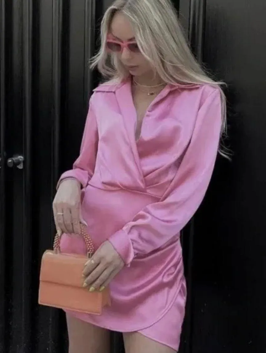 mini dress satin effect drapped long sleeve pink party wedding coctail - Image 3