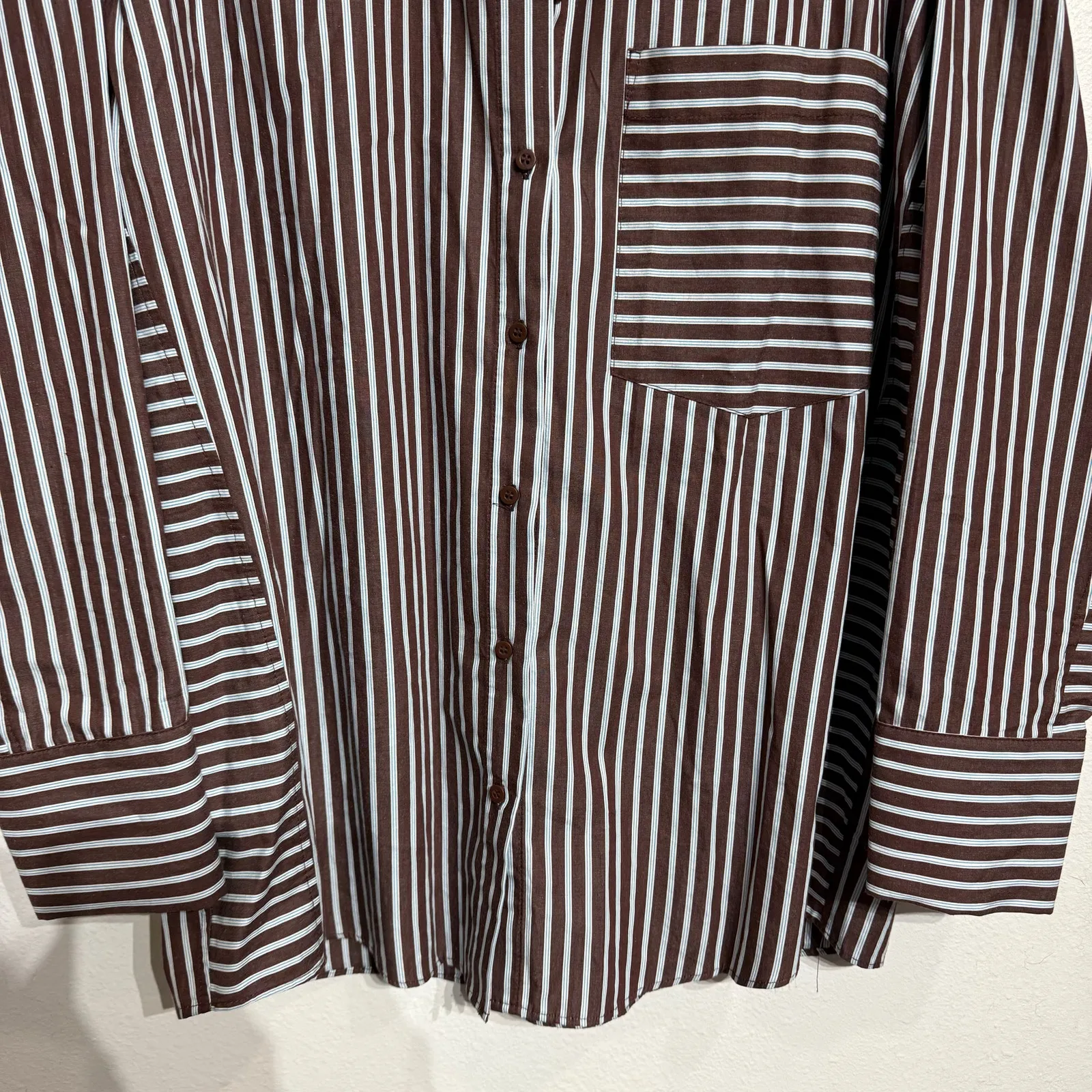 Topshop Brown Striped Button Down Shirt Sz M - Image 4