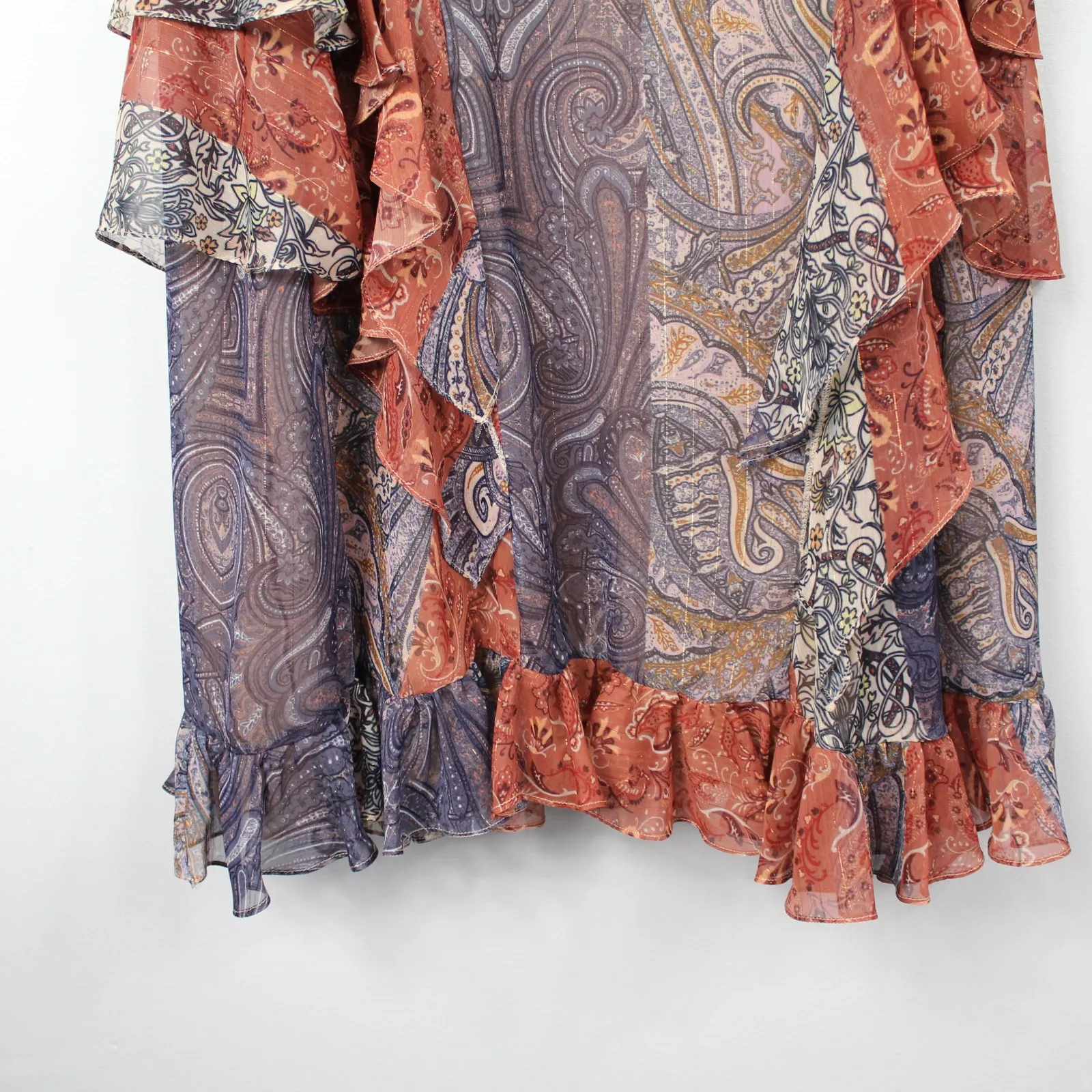 Costarellos Frill Ruffle Tiered Dress Bohemian Cottagcore Paisley Patches Orange Size undefined - Image 10
