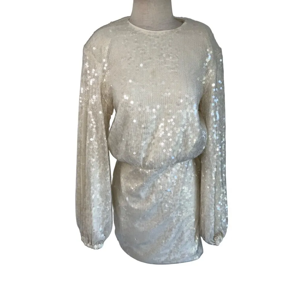 ROTATE Sequins Dress in Egret 38 New Womens Mini Long Sleeve Cocktail White Size undefined - Image 4