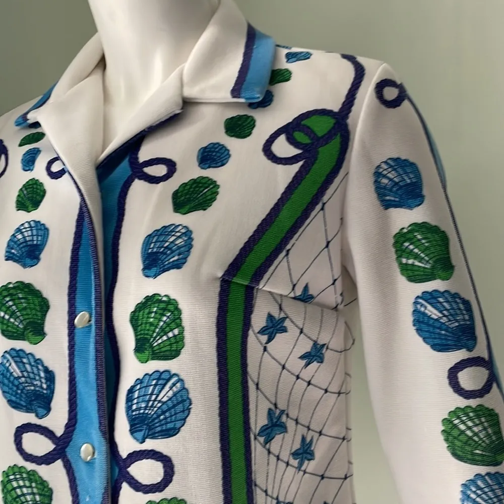 Vintage Polyester Seashell Button Down Collar Shirt White - Image 2