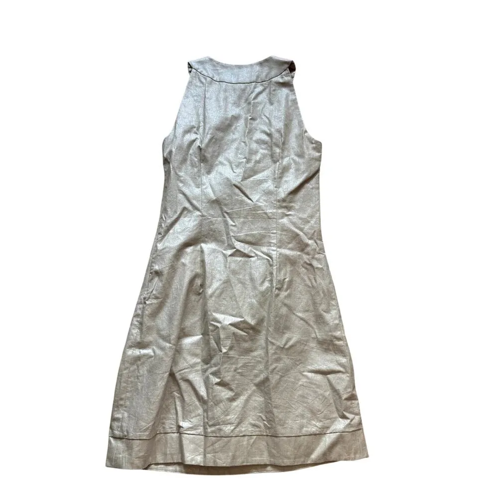 Beige Gold Sleeveless Linen Sheath Dress Embellished Women's Size 6 - Image 3