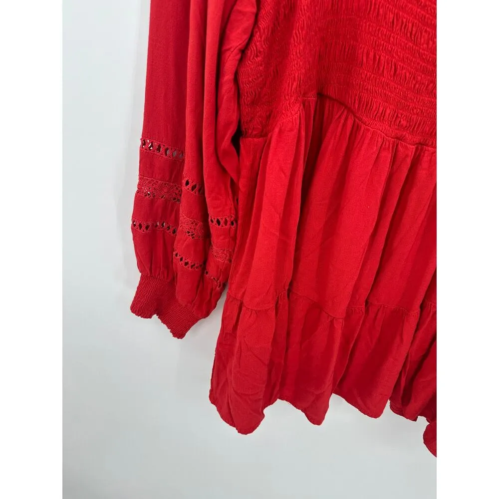 Torrid Red Babydoll Rayon Slub With Lace Inset Smocked Tiered Top Women 4X - Image 4