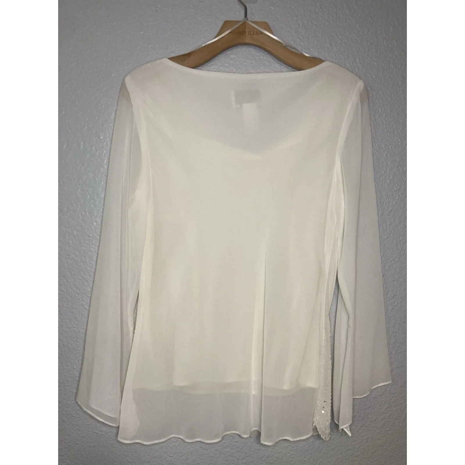 VTG Top Blouse Womens M Beaded Scallop Ivory White Sheer Elegance Coquette Lux Size M - Image 7