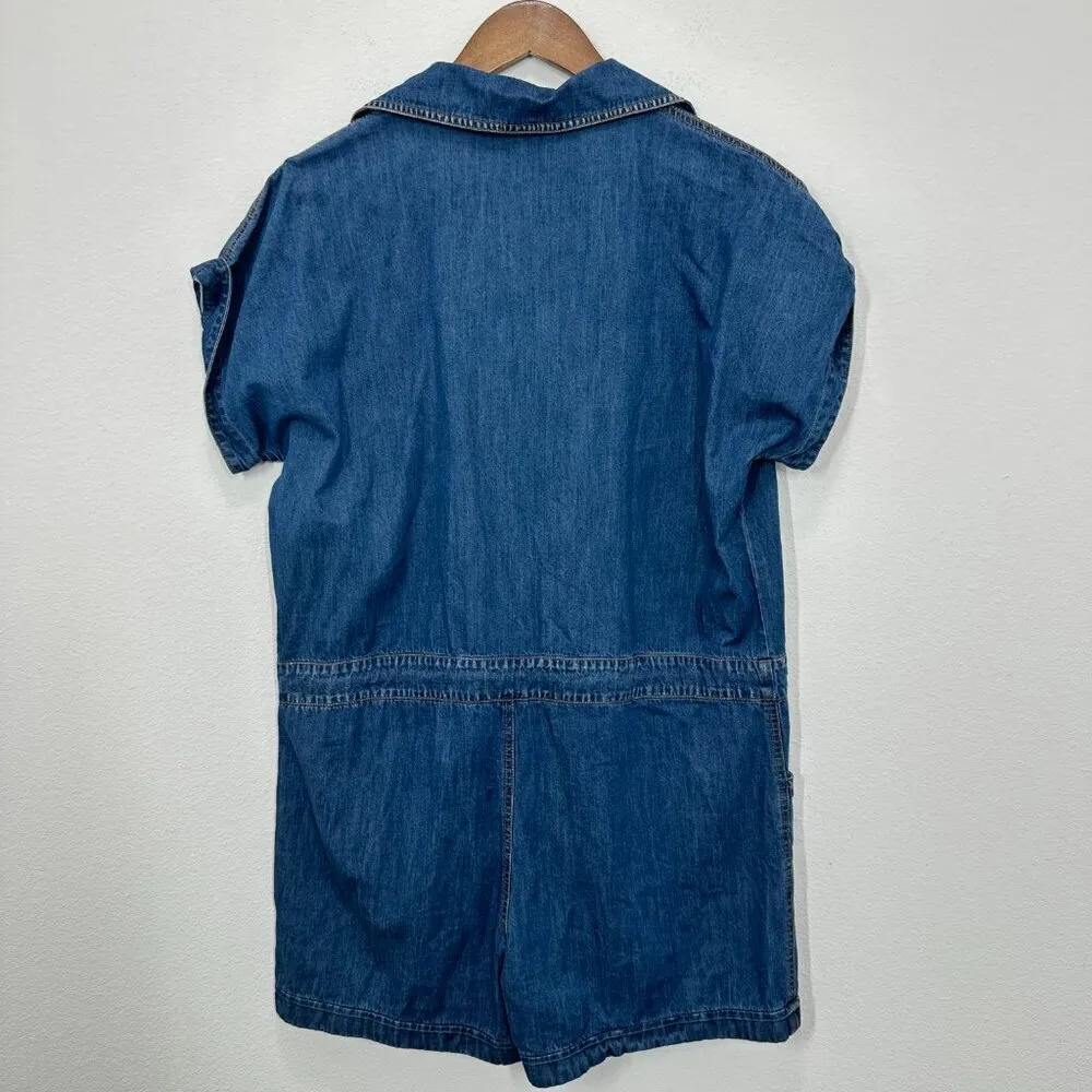 Belinda Women's Button Down Denim Short Romper Drawstring Waist‎ Size Large Blue - Image 2