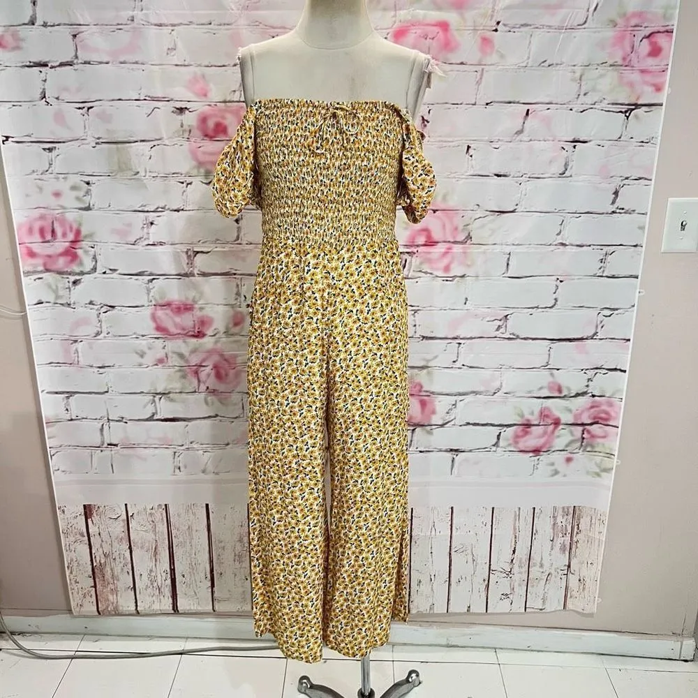 Faithfull the Brand Womens Floral Smocked Short Sleeve Yellow Crop Jumpsuit Sz 4 - Image 3