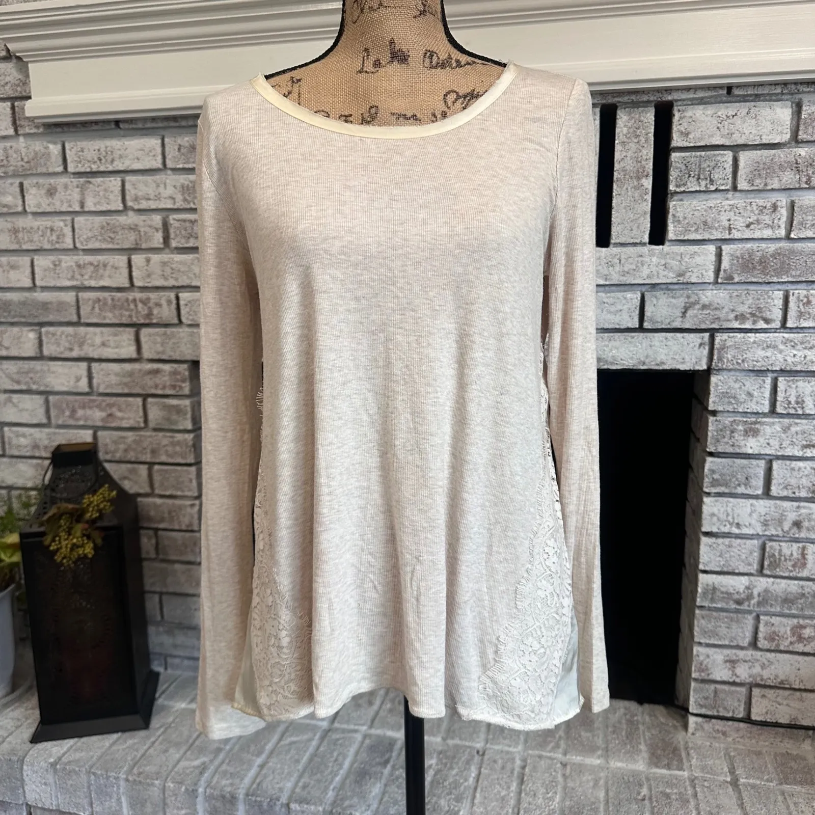 BORDEAUX Womens Long Sleeve Lace Trim Tunic Top Shirt Beige Size S Boho - Image 3