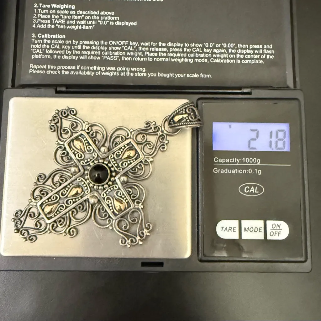 Signed 925 BA 18K Indonesia Sterling Silver Onyx Filigree Cross Pendant 21.8g. - Image 10