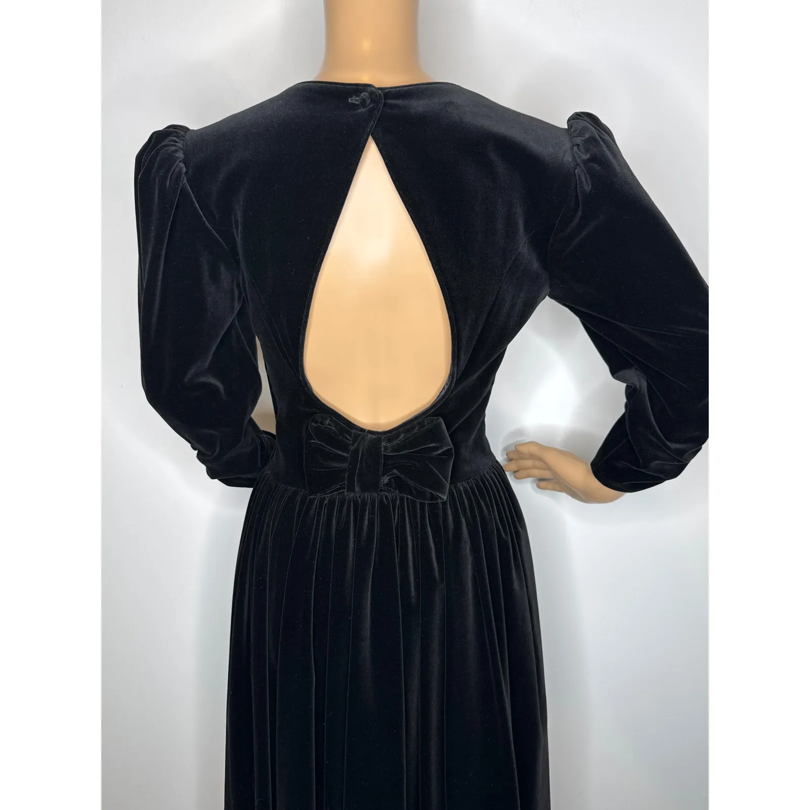 1980s Laura Ashley Black Velvet Puff Sleeve Midi Open Back with Bow Dress small - Image 5