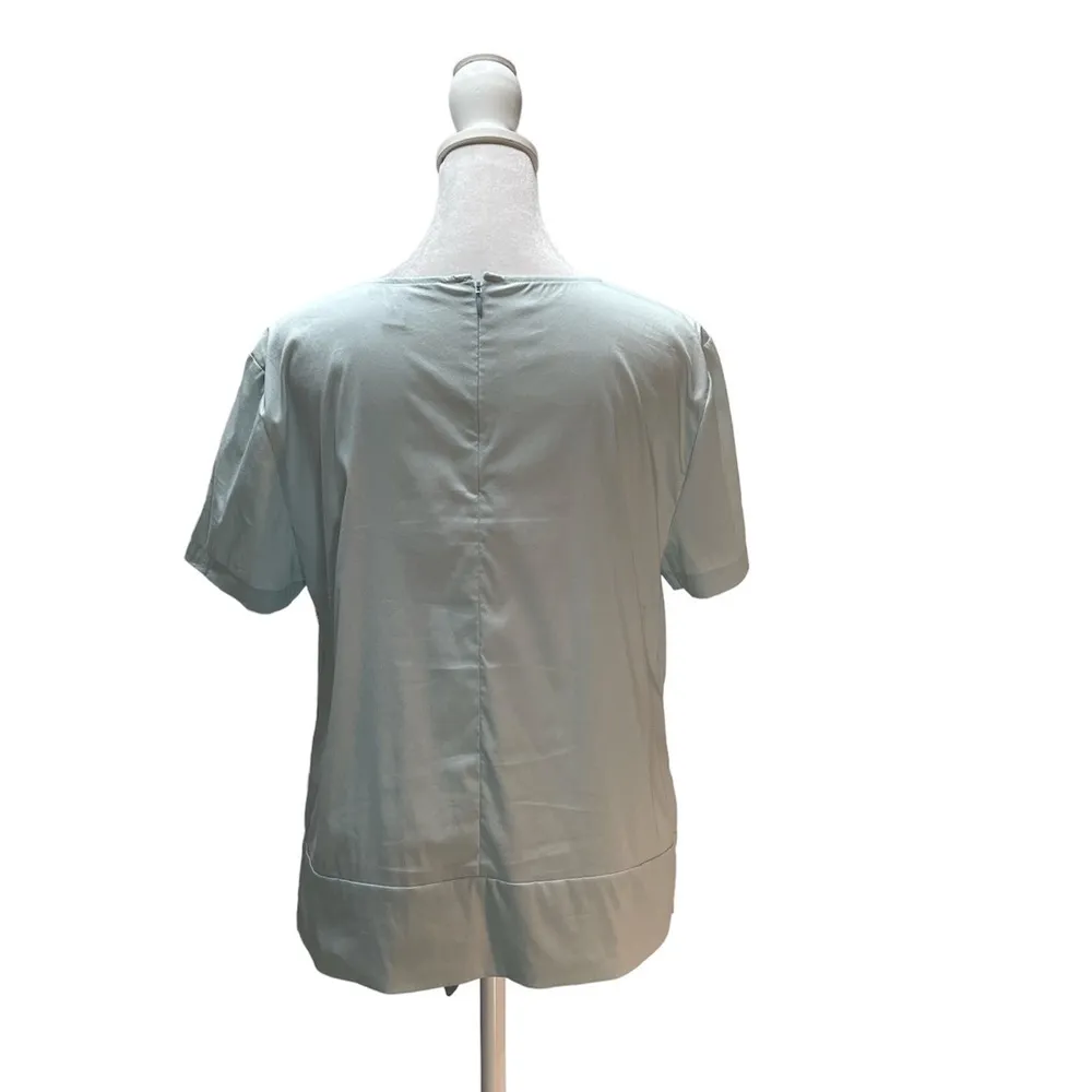 Gray Powder Blue Short Sleeve Zip Back Tie Front Blouse Size Medium - Image 3