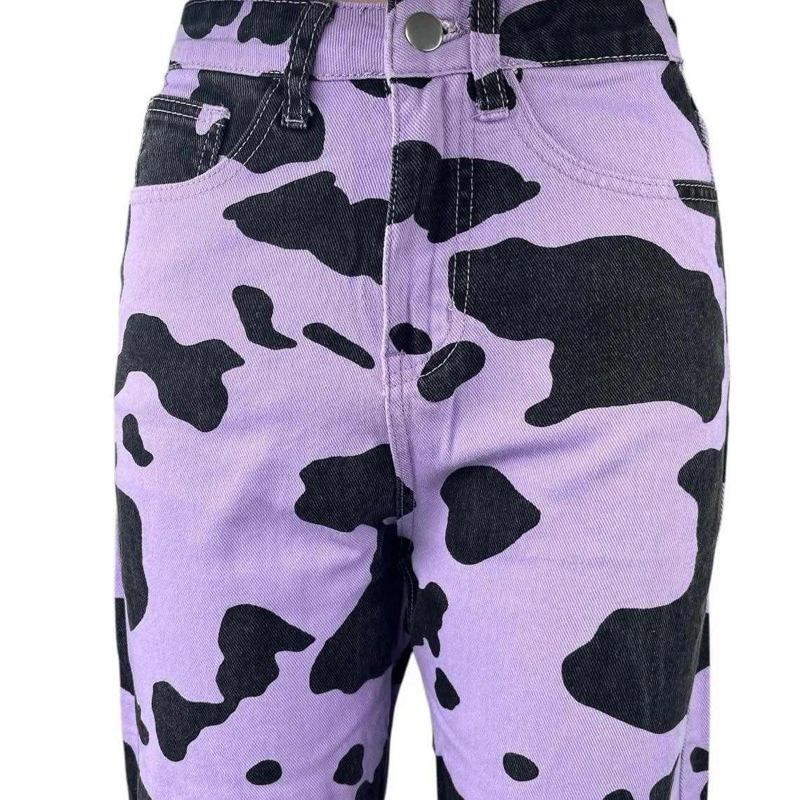 Women's Purple Black Animal Cow Print Loose Fit Straight Denim Jeans Size XS/2 - Image 4