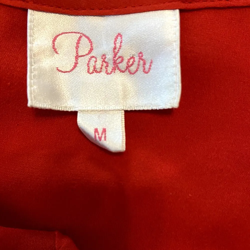 Parker Blouse 100% Silk Balloon Long Sleeve Pleat Back V-Neck Red Medium - Image 3