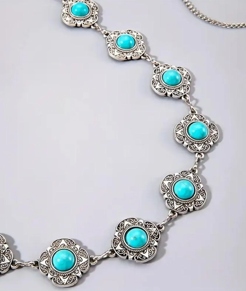 Boho Turquoise Waist‎ Chain Vintage Adjustable Metal Chain Belt Silver - Image 2