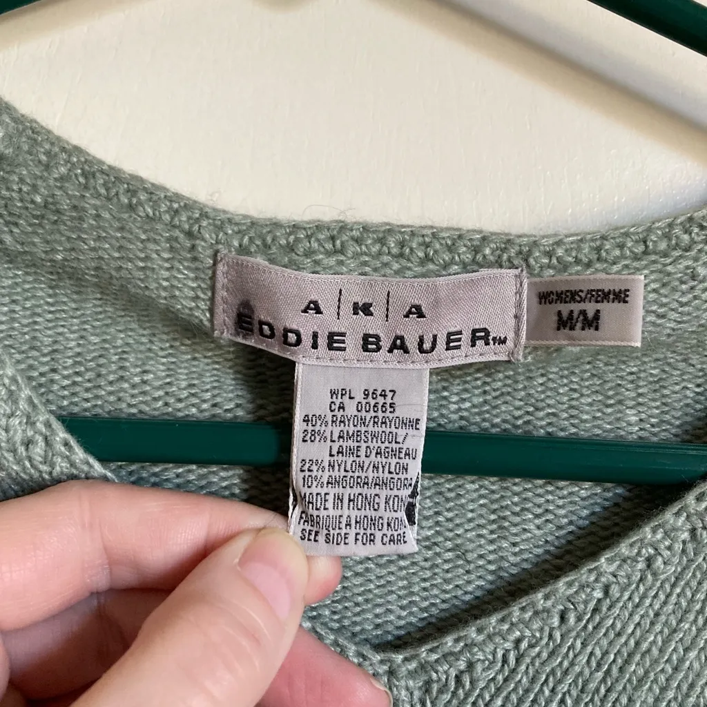 Eddie Bauer Sage Lambswool Blend Open Knit Pattern Hem Long Sleeve Sweater #P - Image 2