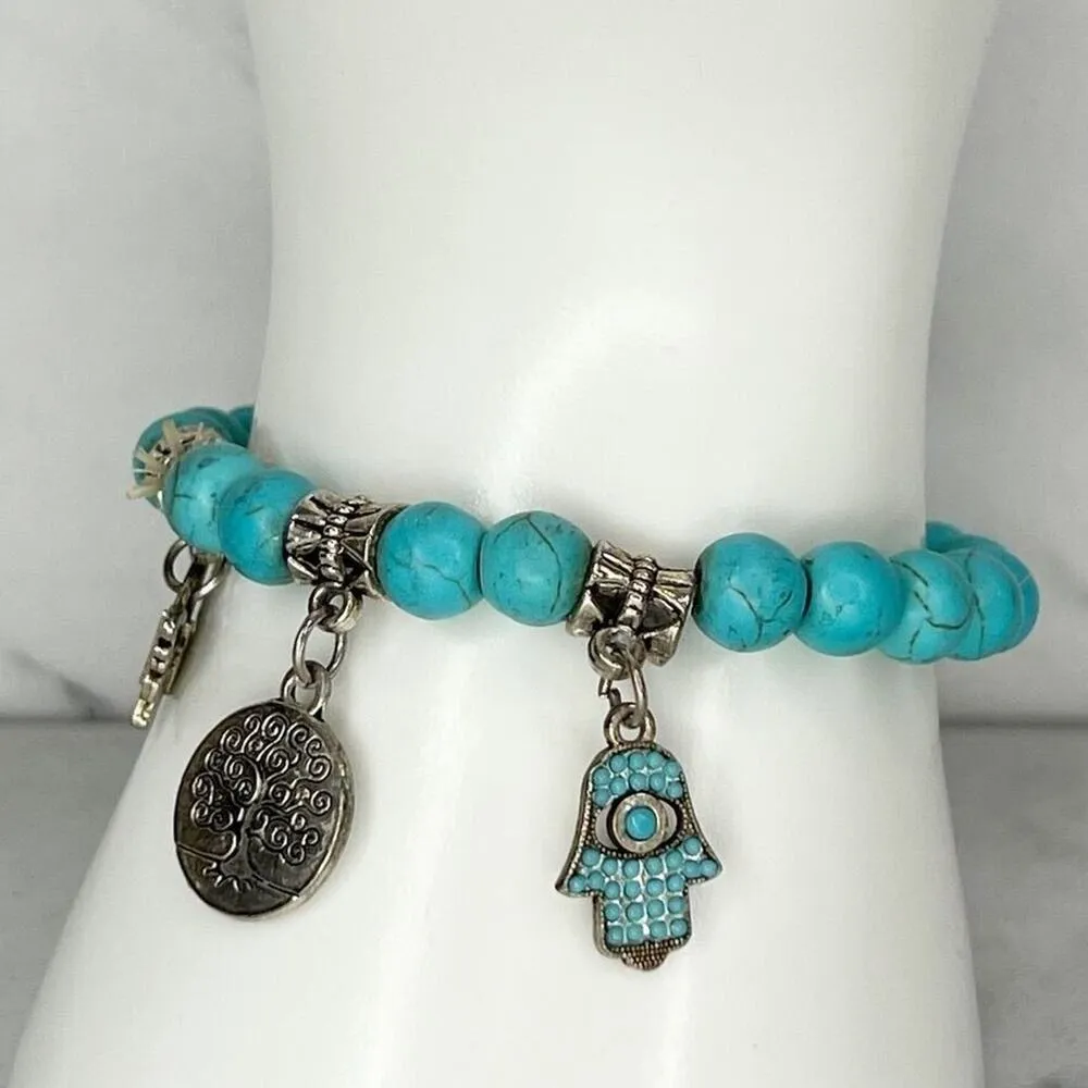 Silver Tone Butterfly Hamsa Tree Faux Turquoise Beaded Stretch Bracelet - Image 3