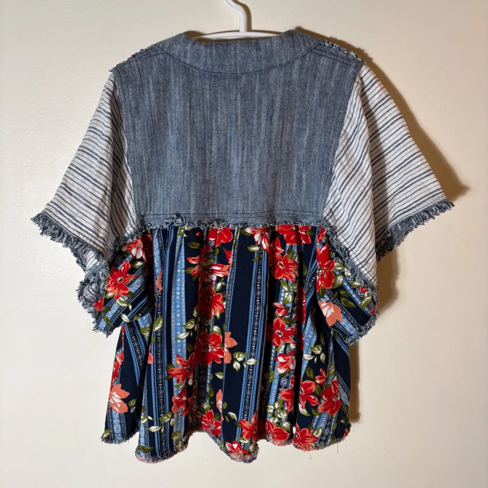 Ivy Jane Boho Lagenlook Mixed Print Babydoll Top Frayed Edges Size S/M - Image 7