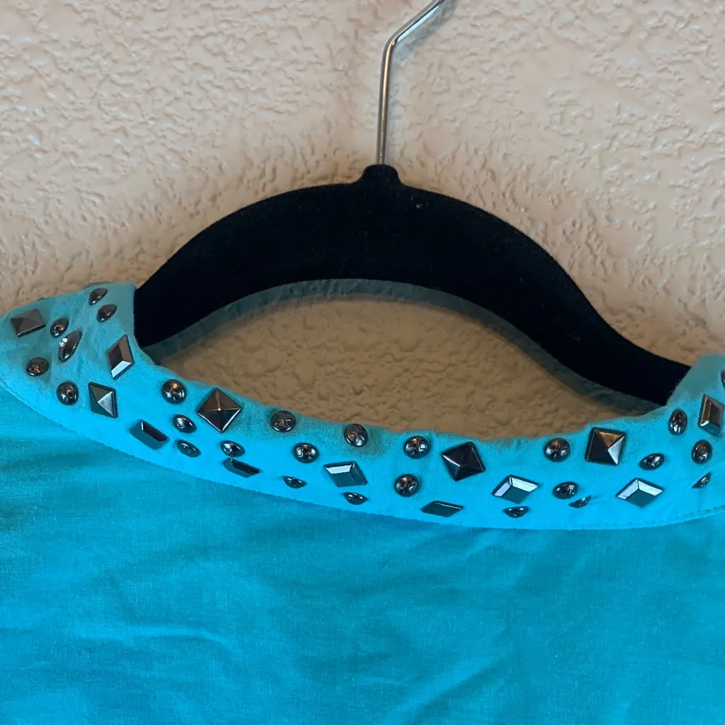 Ariat blue women’s collared shirt sz L studs western country coastal cowgirl - Image 7